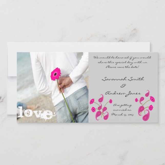 Raspberry Paisley & Gerbers on Grey Save The Date (Front)