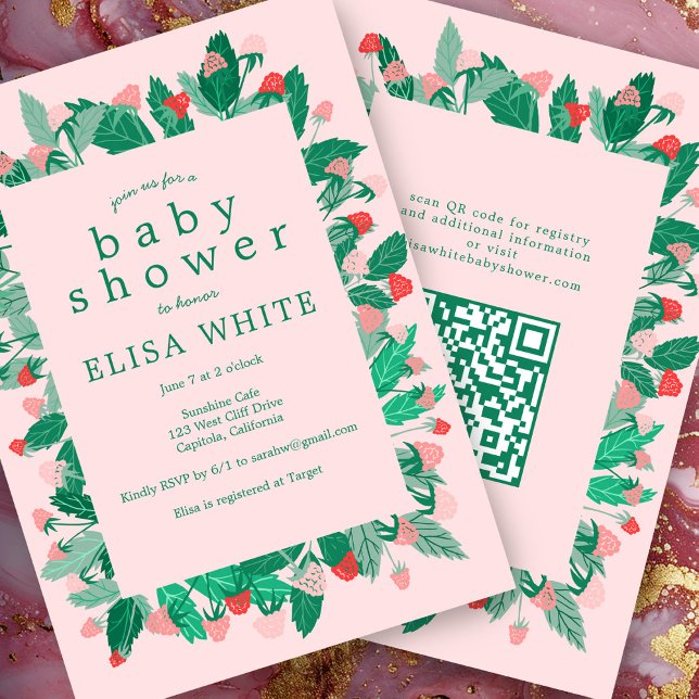 Raspberry Patch Cute CUSTOM QR Code BABY SHOWER Invitation (Raspberry Patch Cute CUSTOM QR Code BABY SHOWER Invitation
Pink Green)