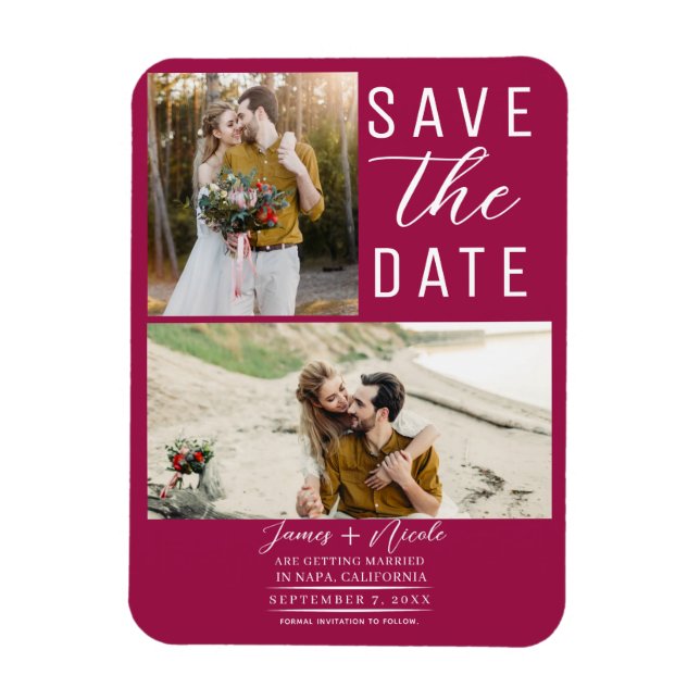 Raspberry Pink 2 Photos Save the Date Wedding Magnet (Vertical)