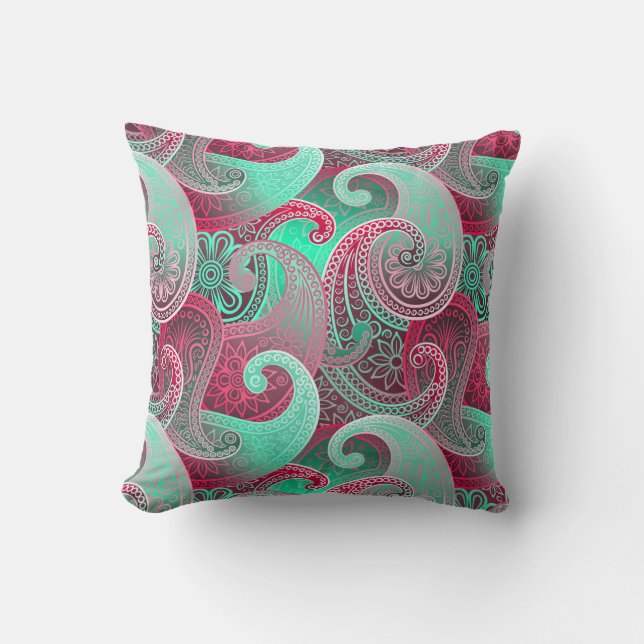 Raspberry Pink and Aqu Paisley Boho Damask Pattern Cushion (Front)
