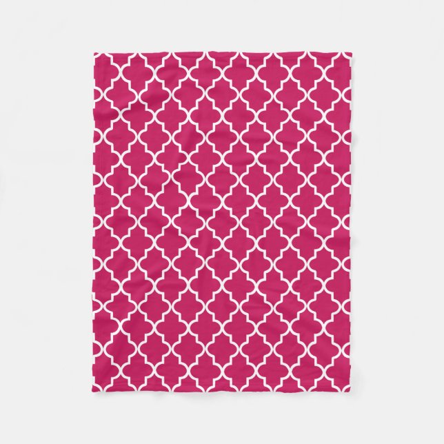 Raspberry Pink and White Moroccan Quatrefoil Fleece Blanket (Front)