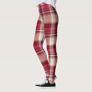 Raspberry Pink Cream & Red Large Tartan Plaid Leggings