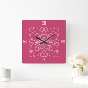 Raspberry Pink Crochet Chart Square Wall Clock