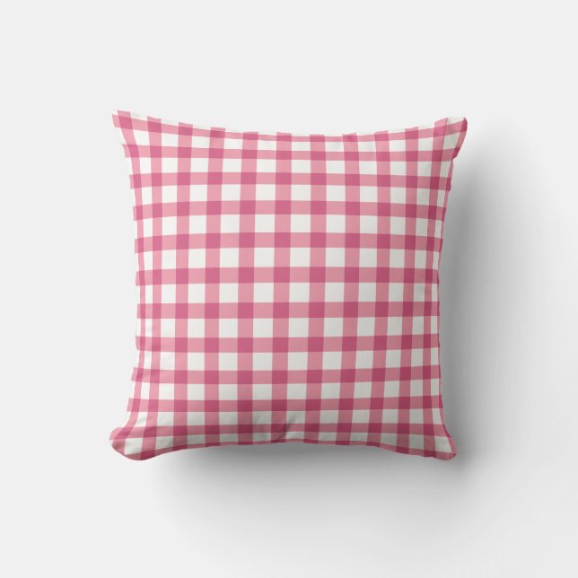 Raspberry Pink Gingham Plaid Checked Pattern Cushion (Front)