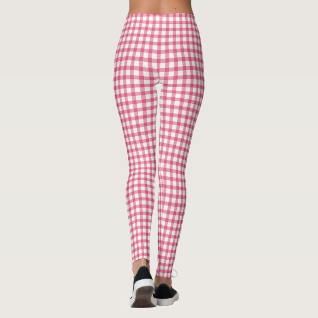 Raspberry Pink Gingham Plaid Checked Pattern Leggings (Back)