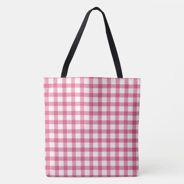 Raspberry Pink Gingham Plaid Checked Pattern Tote Bag (Front)