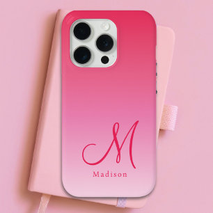 Raspberry Pink Gradient Custom Monogram Name iPhone 15 Pro Case