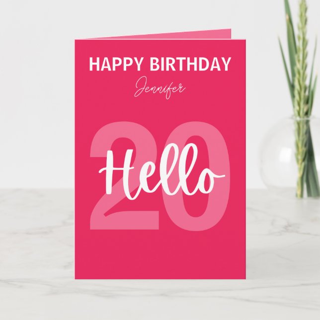 Raspberry Pink Hello 20 Personalised Birthday  Card (Front)