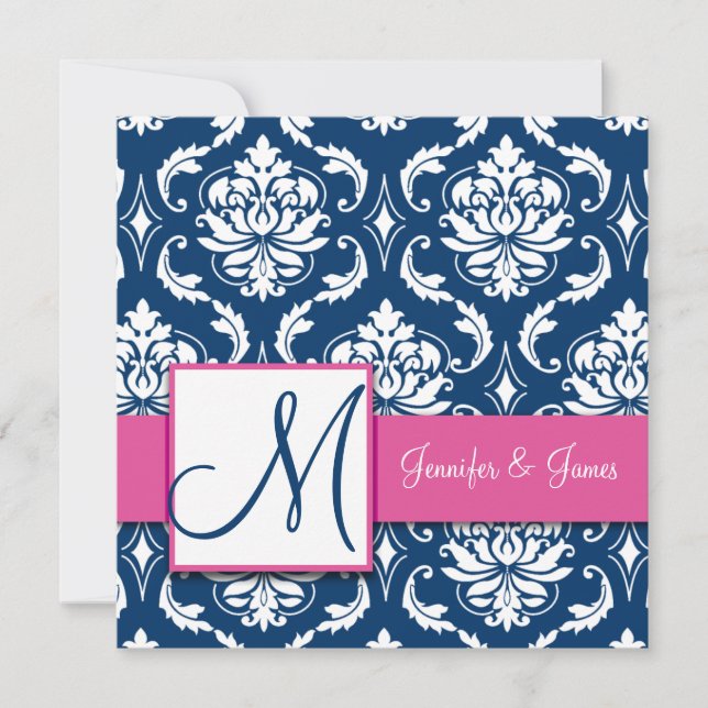 Raspberry Pink Navy Blue Damask Invitation (Front)