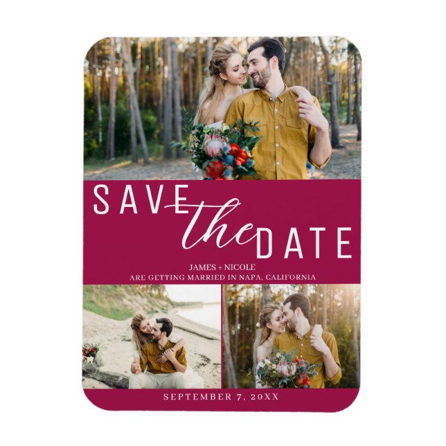 Raspberry Pink Save the Date Wedding 3 Photos Magnet (Vertical)