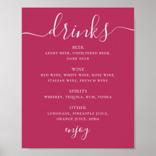 Raspberry Pink Script Wedding Drinks Bar Menu Poster