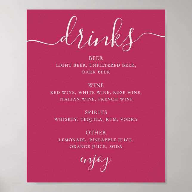 Raspberry Pink Script Wedding Drinks Bar Menu Poster (Front)