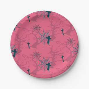 Raspberry Pink spider web, creepy tree and grave Paper Plate