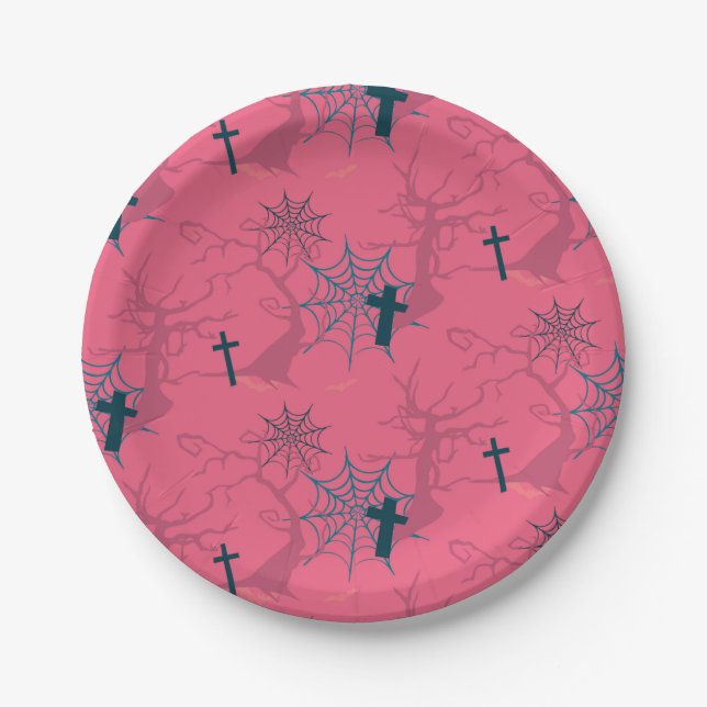 Raspberry Pink spider web, creepy tree and grave Paper Plate (Front)