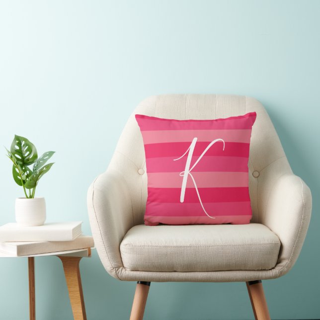 Raspberry Pink Stripes Custom Monogram Initial  Cushion (Chair)
