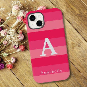 Raspberry Pink Stripes Custom Monogram Name  Case-Mate iPhone 14 Case