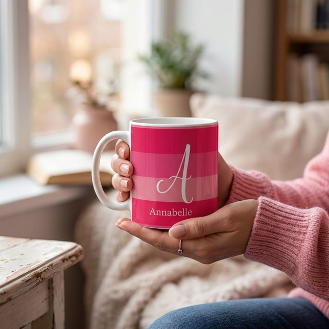 Raspberry Pink Stripes Custom Monogram Name  Coffee Mug (Creator Uploaded)