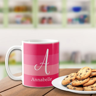 Raspberry Pink Stripes Custom Monogram Name Coffee Mug