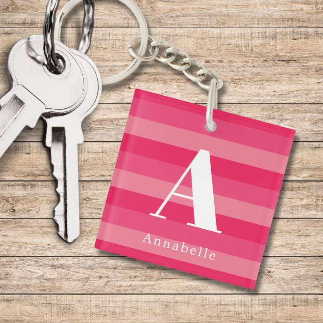Raspberry Pink Stripes Custom Monogram Name  Key Ring (Creator Uploaded)