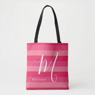 Raspberry Pink Stripes Custom Monogram Name  Tote Bag