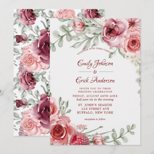 Raspberry Pink Watercolor Peonies Wedding  Invitation (Front/Back)