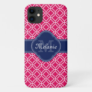 Raspberry Pink Wht Moroccan Pattern Navy Monogram iPhone 11 Case