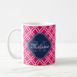Raspberry Pink Wht Moroccan Pattern Navy Monogram Coffee Mug