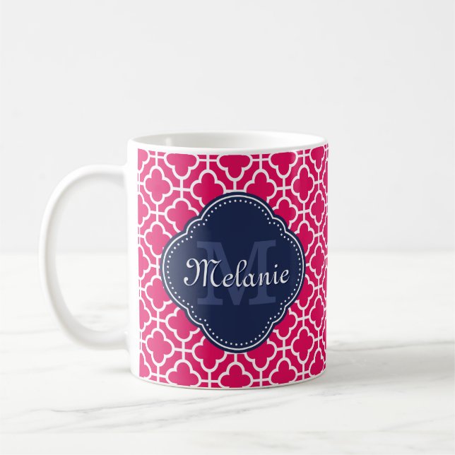 Raspberry Pink Wht Moroccan Pattern Navy Monogram Coffee Mug (Left)