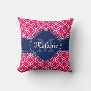 Raspberry Pink Wht Moroccan Pattern Navy Monogram Cushion