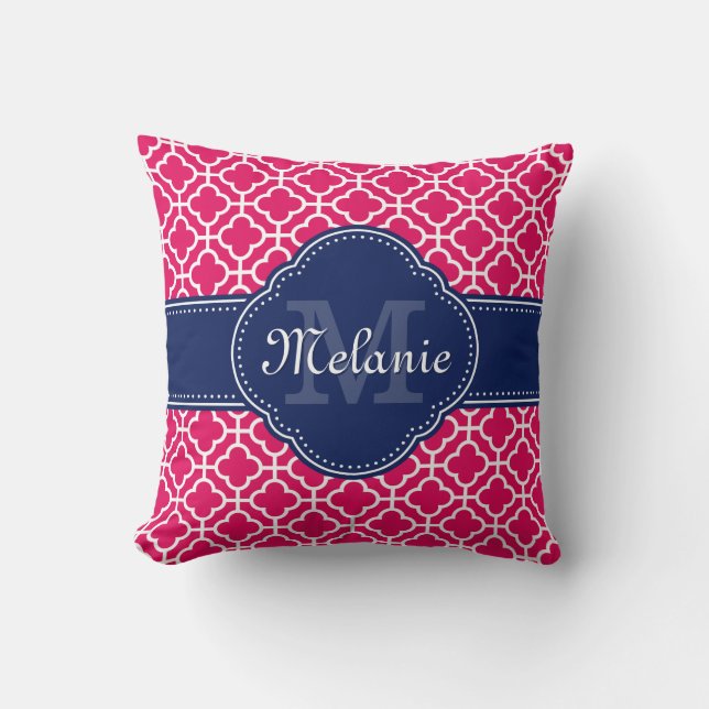 Raspberry Pink Wht Moroccan Pattern Navy Monogram Cushion (Front)