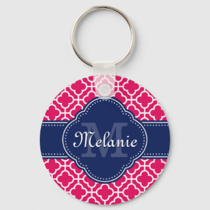 Raspberry Pink Wht Moroccan Pattern Navy Monogram Key Ring