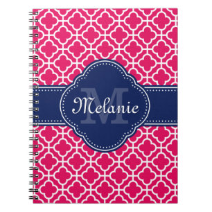 Raspberry Pink Wht Moroccan Pattern Navy Monogram Notebook