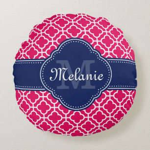 Raspberry Pink Wht Moroccan Pattern Navy Monogram Round Cushion