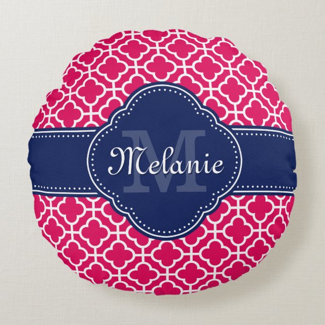 Raspberry Pink Wht Moroccan Pattern Navy Monogram Round Cushion (Front)