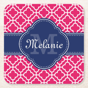 Raspberry Pink Wht Moroccan Pattern Navy Monogram Square Paper Coaster