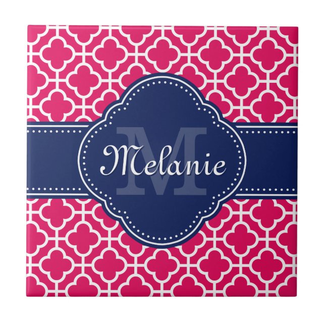 Raspberry Pink Wht Moroccan Pattern Navy Monogram Tile (Front)