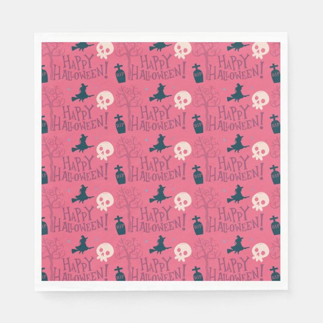 Raspberry Pink witches Happy Halloween Napkin (Front)