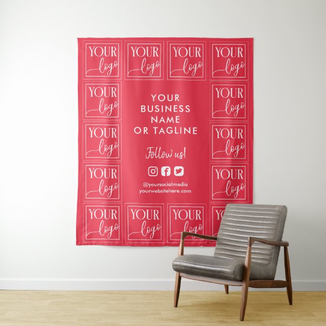 Raspberry Pink Your Logo & Social Media Backdrop Tapestry (In Situ)