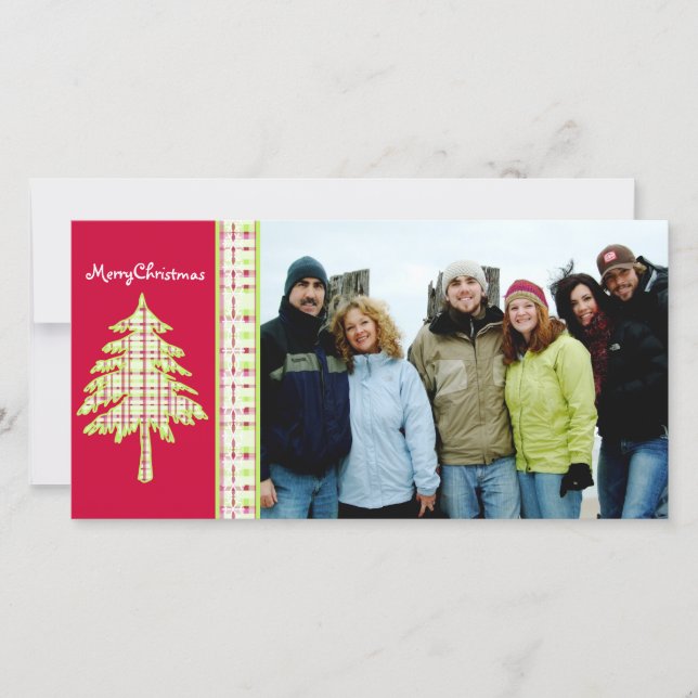 Raspberry Plaid Tree & Snowflake Merry Christmas Holiday Card (Front)