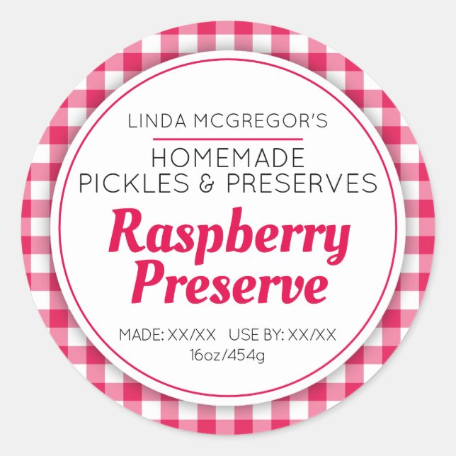 Raspberry preserve red round  jam jar food label (Front)