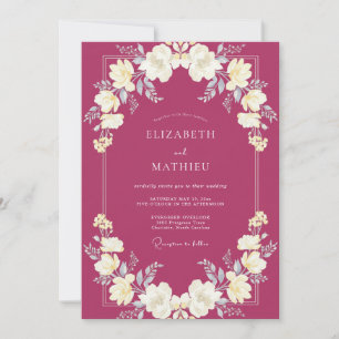 Raspberry Ranunculus Leafy Wedding Invitation