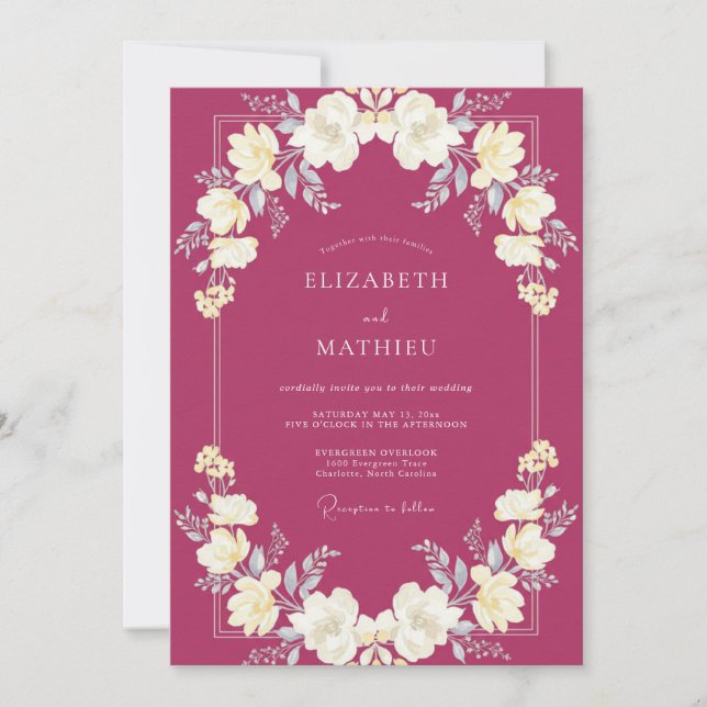 Raspberry Ranunculus Leafy Wedding Invitation (Front)