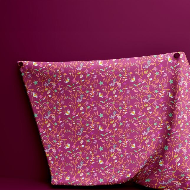 Raspberry Red Boho Flowers and Birds Fabric (Creator Uploaded)