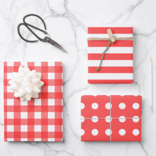 Raspberry Red White Gingham Dots Striped Matching Wrapping Paper Sheet