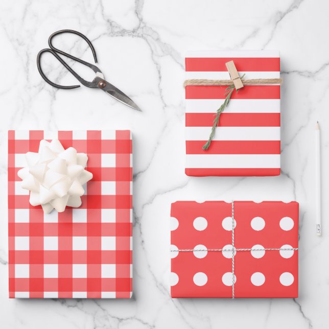 Raspberry Red White Gingham Dots Striped Matching  Wrapping Paper Sheet (Front)