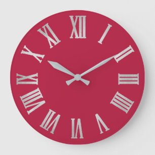 Raspberry Rose Silver Metallic Grey Roman Numbers Large Clock