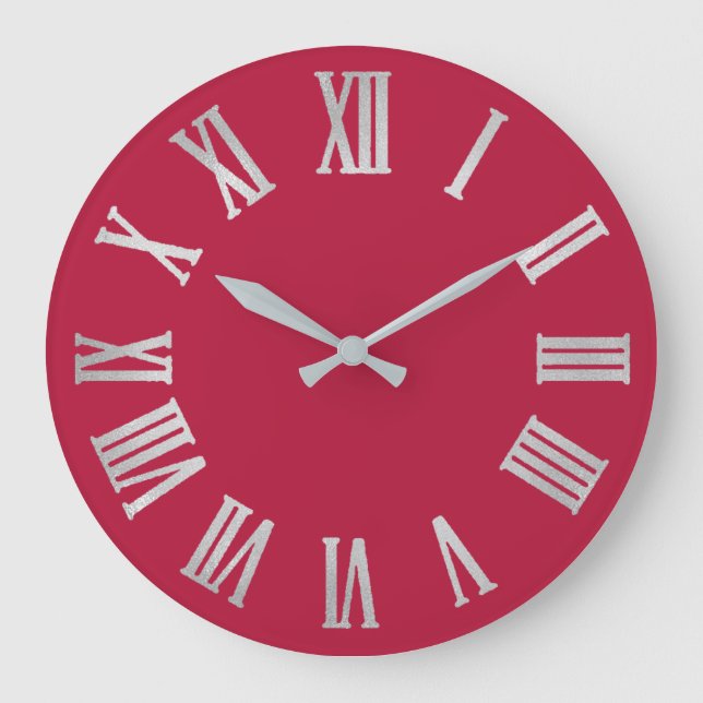 Raspberry Rose Silver Metallic Grey Roman Numbers Large Clock (Front)