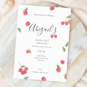Raspberry Sweet Berry First Birthday Party Invitation