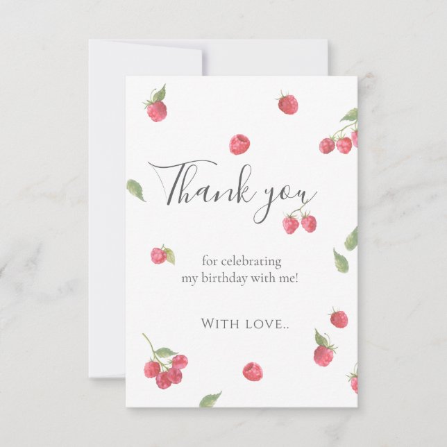 Raspberry Sweet Berry First Birthday Party Thank You Card (Front)