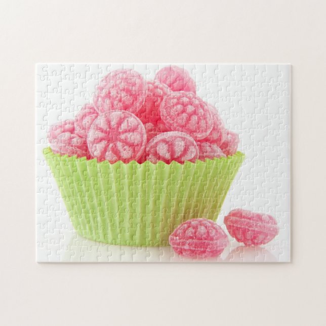 Raspberry tasty candy sweets in green cup cake jigsaw puzzle (Horizontal)